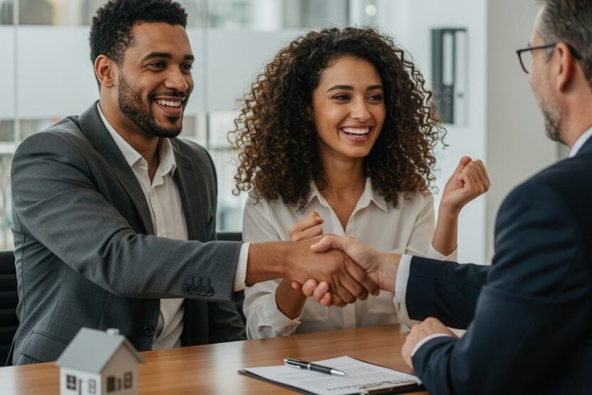 Couple handshake mortgage officer